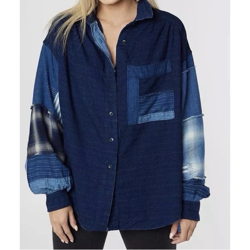 Free People We The Free Indigo Sky Patchwork Denim Oversized Shirt Shacket Top L